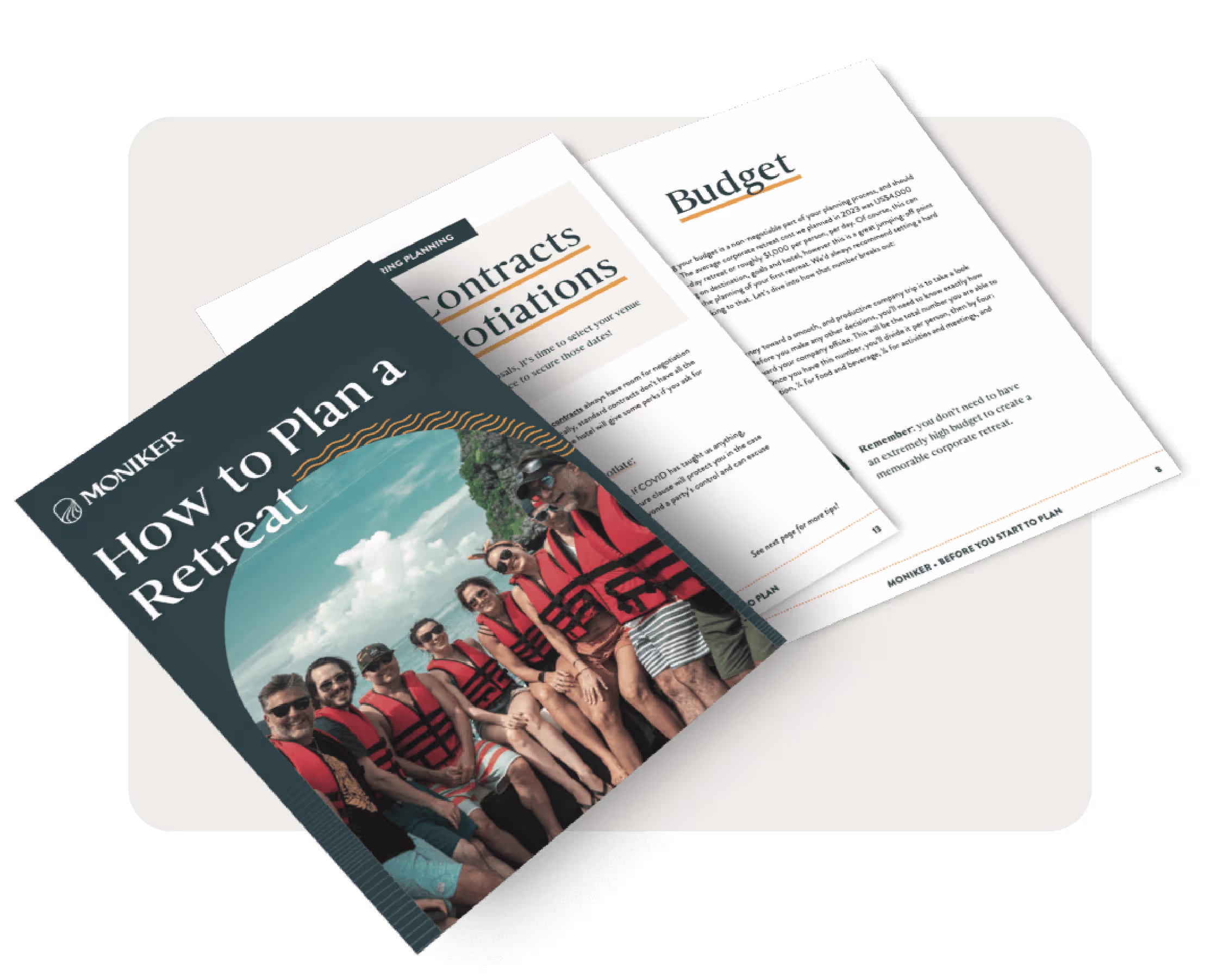 Moniker guide on how to plan a retreat with group in red life vests